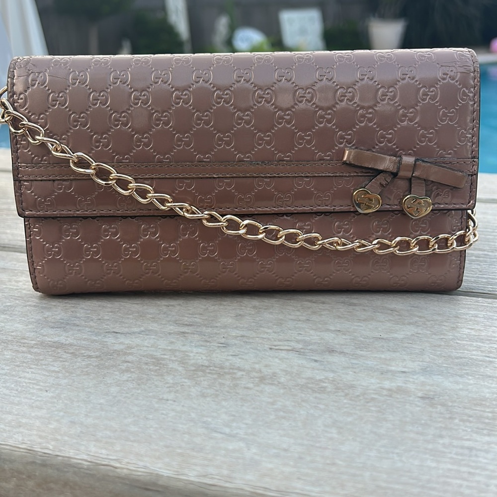 Gucci Micro Ssima Ribbon GG Metallic Pink Embossed Long Wallet